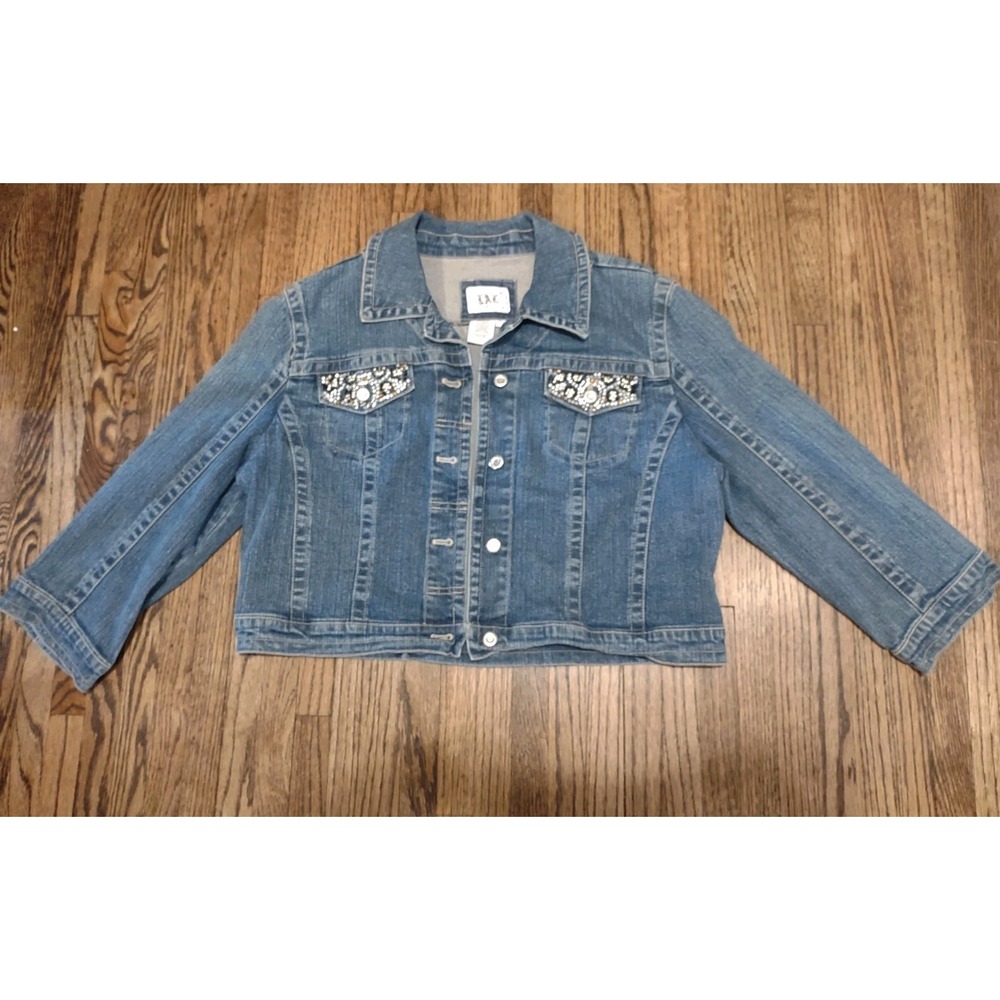 Live a Little LAL Jean Jacket Womens XL Blue Denim Rhinestone Pocket Cropped...